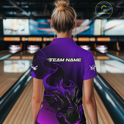 Custom Black And Purple Flame Bowling Team Women Polo Shirt, Bowling Tournament Shirt IPHW9869
