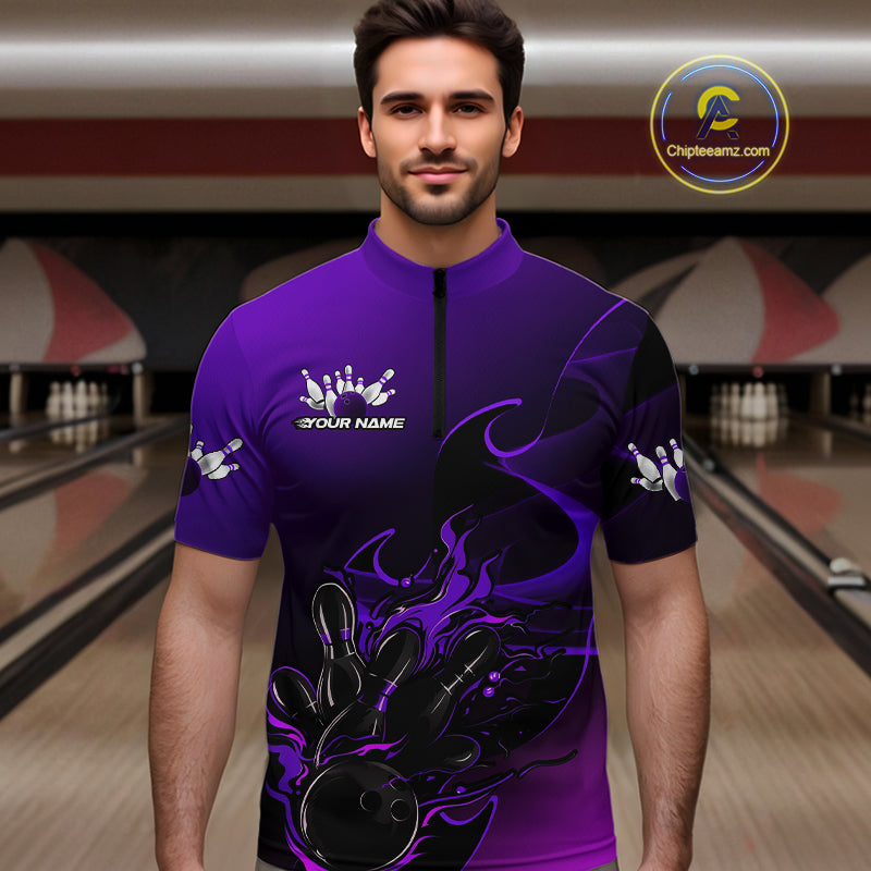 Custom Black And Purple Flame Bowling Team Men Quarter-Zip Shirt, Bowling Tournament Shirt IPHW9869