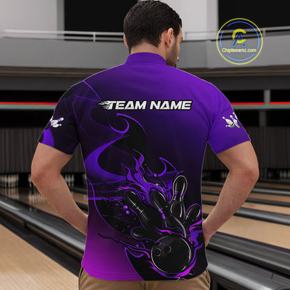 Custom Black And Purple Flame Bowling Team Men Quarter-Zip Shirt, Bowling Tournament Shirt IPHW9869