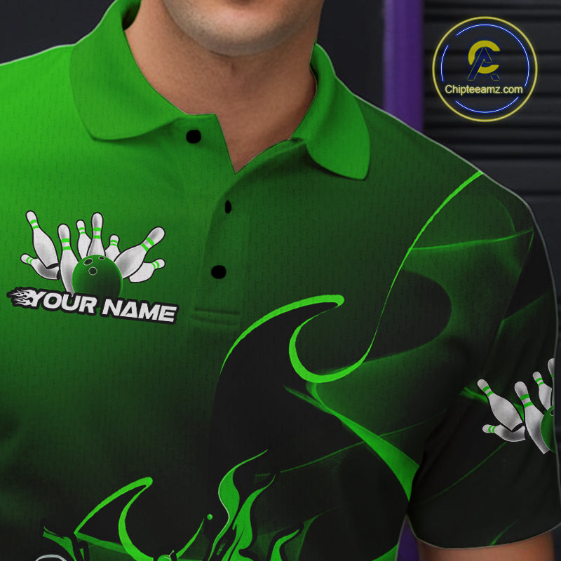 Custom Black And Green Flame Bowling Team Men Polo Shirt, Bowling Tournament Shirt IPHW9870