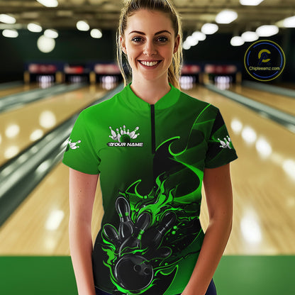 Custom Black And Green Flame Bowling Women Quarter-Zip Shirt, Bowling Tournament Shirt IPHW9870