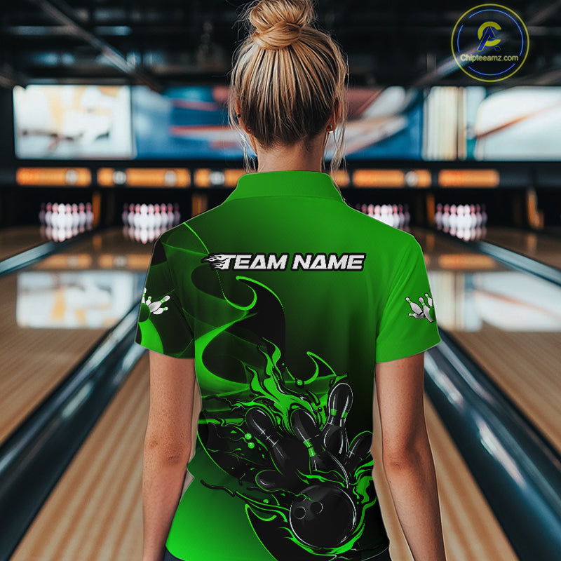 Custom Black And Green Flame Bowling Women Quarter-Zip Shirt, Bowling Tournament Shirt IPHW9870
