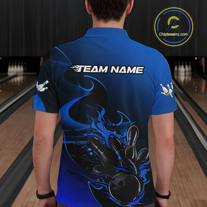 Custom Black And Blue Flame Bowling Team Men Polo Shirt, Bowling Tournament Shirt IPHW9871