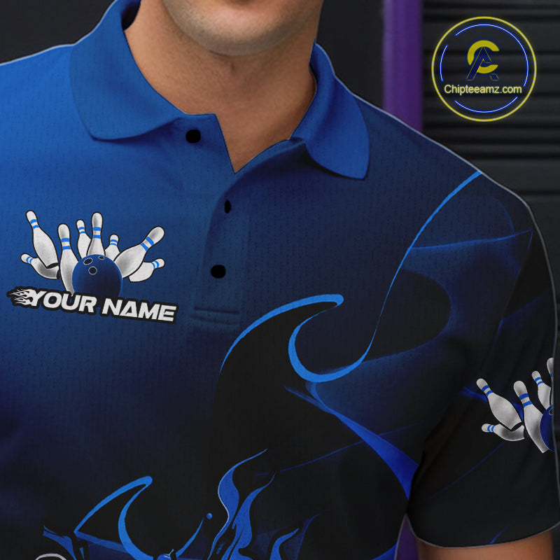 Custom Black And Blue Flame Bowling Team Men Polo Shirt, Bowling Tournament Shirt IPHW9871