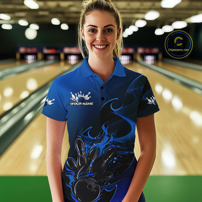 Custom Black And Blue Flame Bowling Team Women Polo Shirt, Bowling Tournament Shirt IPHW9871
