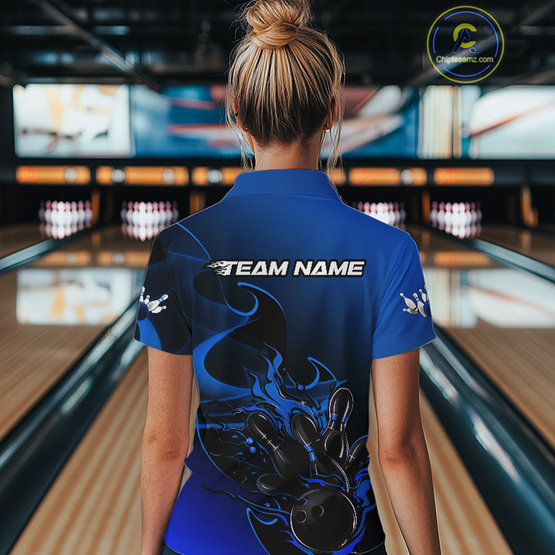 Custom Black And Blue Flame Bowling Team Women Polo Shirt, Bowling Tournament Shirt IPHW9871