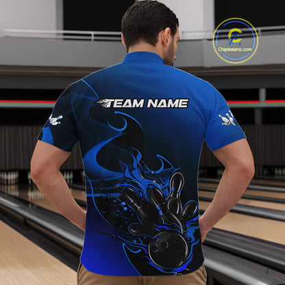 Custom Black And Blue Flame Bowling Team Men Quarter-Zip Shirt, Bowling Tournament Shirt IPHW9871
