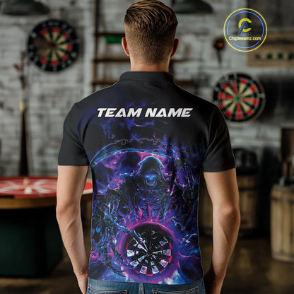 Custom Blue, Purple And Pink Grim Reaper Skull Dart Men Polo Shirt, Halloween Team Outfit IPHW10035