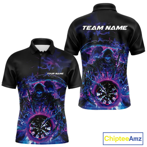 Custom Blue, Purple And Pink Grim Reaper Skull Dart Men Polo Shirt, Halloween Team Outfit IPHW10035