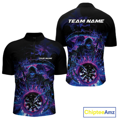 Custom Blue, Purple And Pink Grim Reaper Skull Dart Men Quarter-Zip Shirt, Halloween Team Outfit IPHW10035