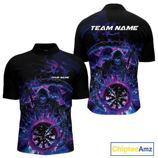 Custom Blue, Purple And Pink Grim Reaper Skull Dart Men Quarter-Zip Shirt, Halloween Team Outfit IPHW10035