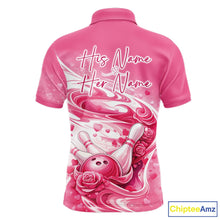 Load image into Gallery viewer, Custom Pink Heart Valentine Bowling Couples Shirt, Heart And Roses Bowling Husband And Wife Gifts With Name IPHW10518