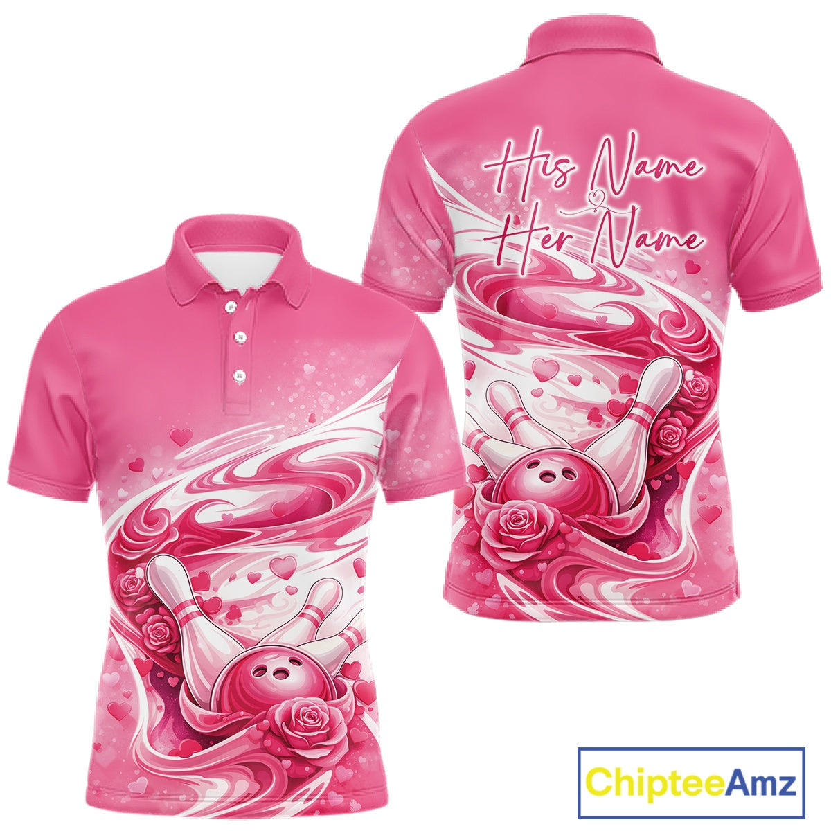 Custom Pink Heart Valentine Bowling Couples Shirt, Heart And Roses Bowling Husband And Wife Gifts With Name IPHW10518