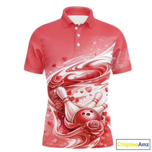 Custom Red Heart Valentine Bowling Couples Shirt, Heart And Roses Bowling Husband And Wife Gifts With Name IPHW10519