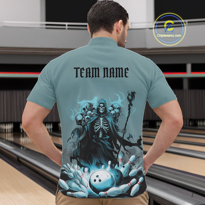 Custom Blue Flame Grim Reaper Bowling Men Quarter-Zip Shirts, Piles Of Skull Halloween Outfit IPHW9897