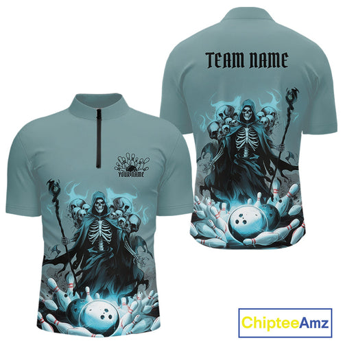 Custom Blue Flame Grim Reaper Bowling Women Quarter-Zip Shirts, Skull Halloween Outfit IPHW9897