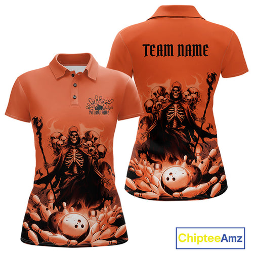 Custom Orange Flame Grim Reaper Bowling Women Polo Shirt, Piles Of Skull Halloween Outfit IPHW9898