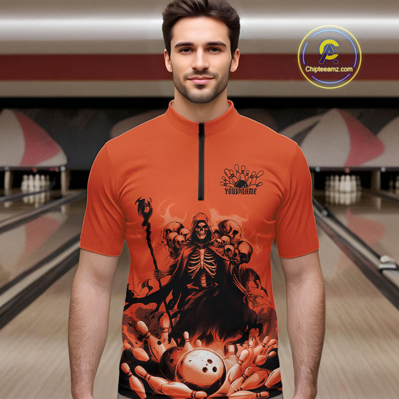 Custom Orange Flame Grim Reaper Bowling Men Quarter-Zip Shirts, Piles Of Skull Halloween Outfit IPHW9898