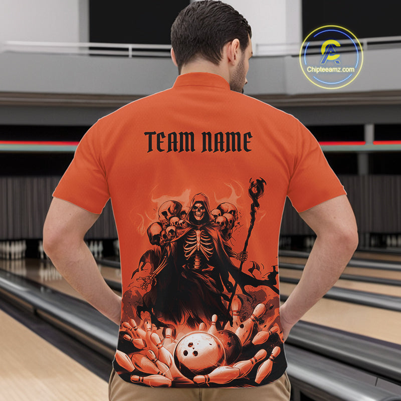 Custom Orange Flame Grim Reaper Bowling Men Quarter-Zip Shirts, Piles Of Skull Halloween Outfit IPHW9898