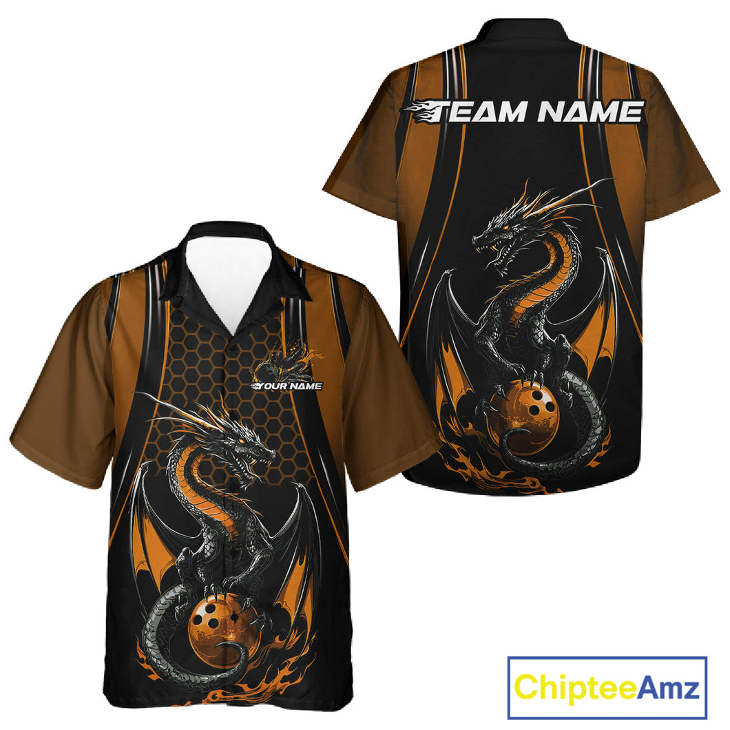 Custom Black And Orange Flame Dragon Bowling Jerseys, Dragon Bowling Team Men And Women Hawaiian Shirt IPHW9906
