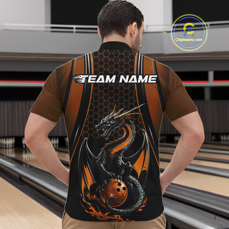 Custom Black And Orange Flame Dragon Bowling Jerseys, Dragon Bowling Team Men Quarter-Zip Shirt IPHW9906