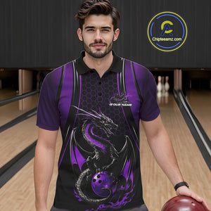 Custom Black And Purple Flame Dragon Bowling Jerseys, Dragon Bowling Team Men Polo Shirt IPHW9907