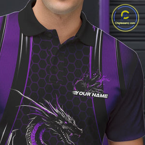 Custom Black And Purple Flame Dragon Bowling Jerseys, Dragon Bowling Team Men Polo Shirt IPHW9907