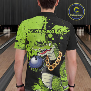 Custom Green Splatter Funny Alligator Bowling Men Polo Shirts, Bowling Team Shirts IPHW9921