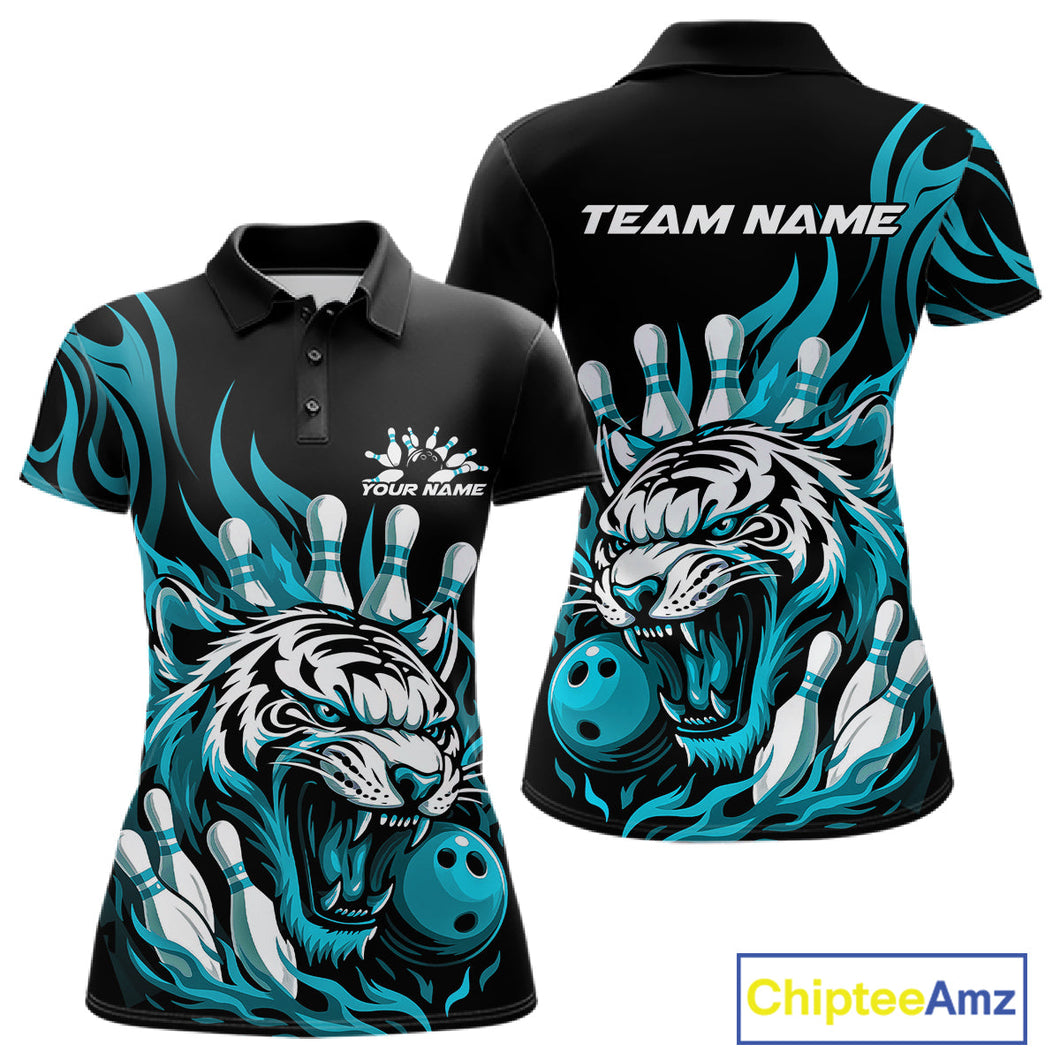 Custom Black And Blue Tiger Women Bowling Jerseys, Tiger Bowling Team League Shirt IPHW10161