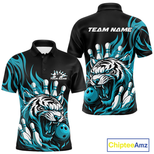 Custom Black And Blue Tiger Men Bowling Jerseys, Tiger Bowling Team League Shirt IPHW10161