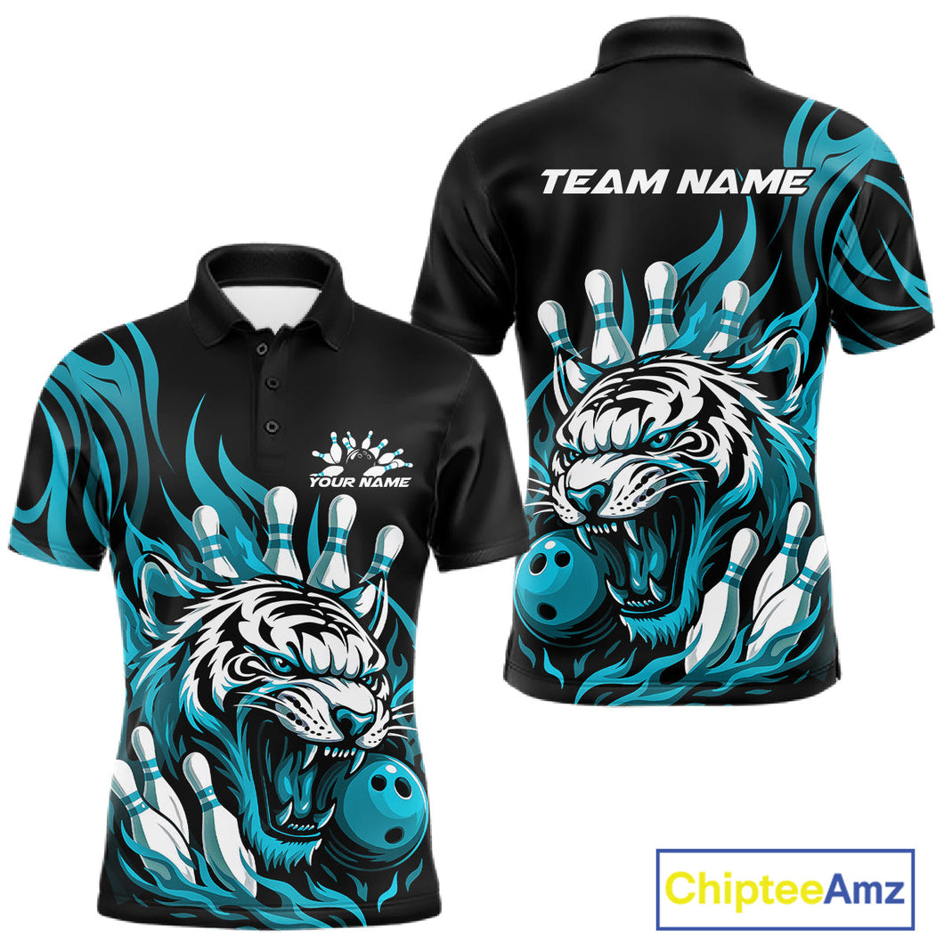 Custom Black And Blue Tiger Men Bowling Jerseys, Tiger Bowling Team League Shirt IPHW10161