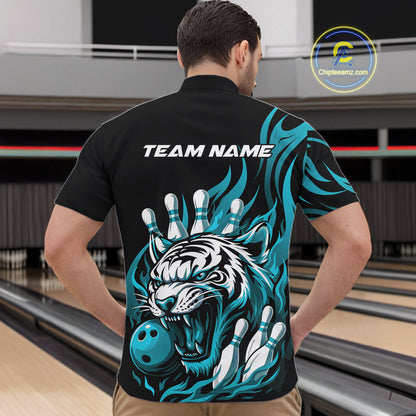 Custom Black And Blue Tiger Men Bowling Jerseys, Tiger Bowling Team League Shirt IPHW10161