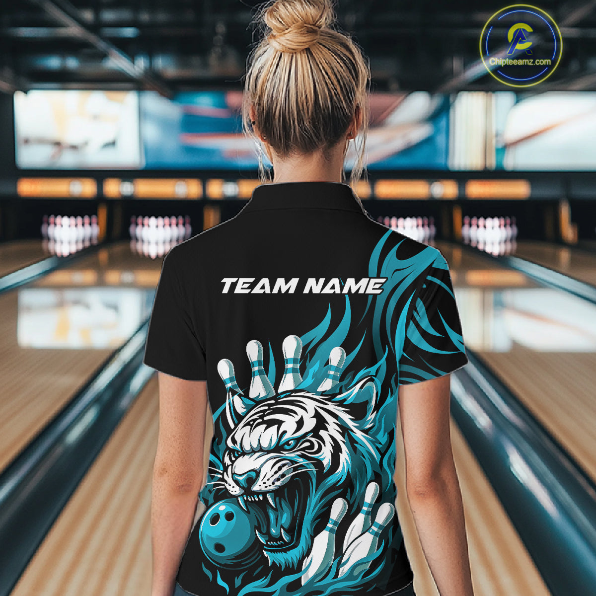 Custom Black And Blue Tiger Women Bowling Jerseys, Tiger Bowling Team League Shirt IPHW10161