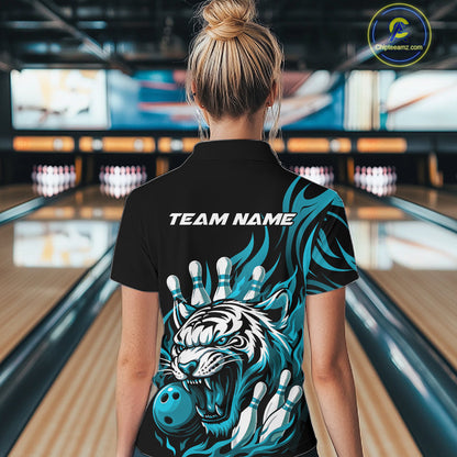 Custom Black And Blue Tiger Women Bowling Jerseys, Tiger Bowling Team League Shirt IPHW10161