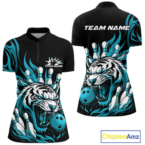 Custom Black And Blue Tiger Women Bowling Jerseys, Tiger Bowling Team League Shirt IPHW10161