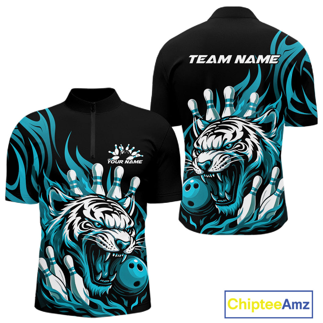 Custom Black And Blue Tiger Men Bowling Jerseys, Tiger Bowling Team League Shirt IPHW10161