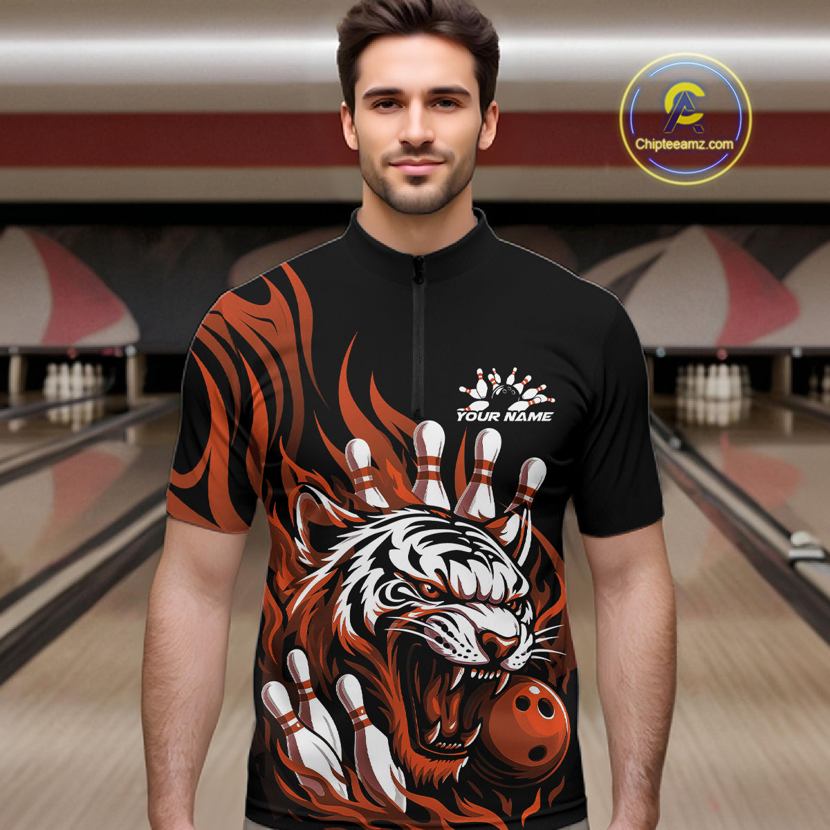 Custom Black And Orange Tiger Men Bowling Jerseys, Tiger Bowling Team League Shirt IPHW10162