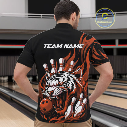 Custom Black And Orange Tiger Men Bowling Jerseys, Tiger Bowling Team League Shirt IPHW10162
