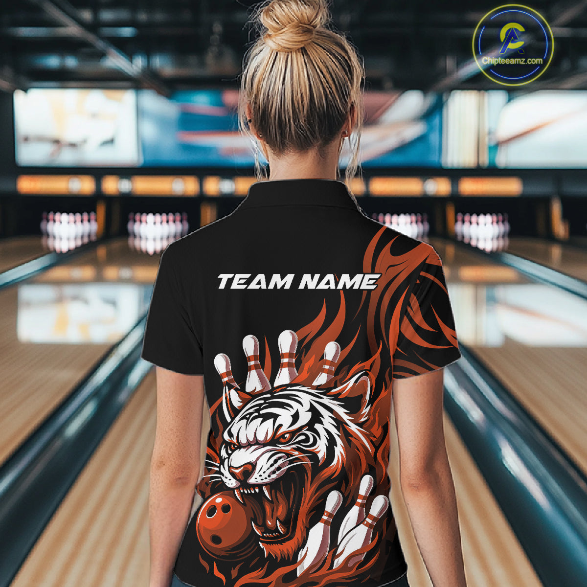 Custom Black And Orange Tiger Women Bowling Jerseys, Tiger Bowling Team League Shirt IPHW10162