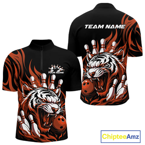 Custom Black And Orange Tiger Men Bowling Jerseys, Tiger Bowling Team League Shirt IPHW10162