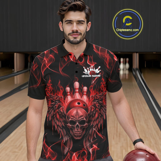 Custom Black And Red Flame Skull With Wings Men Bowling Shirt, Halloween Team Shirt IPHW10165