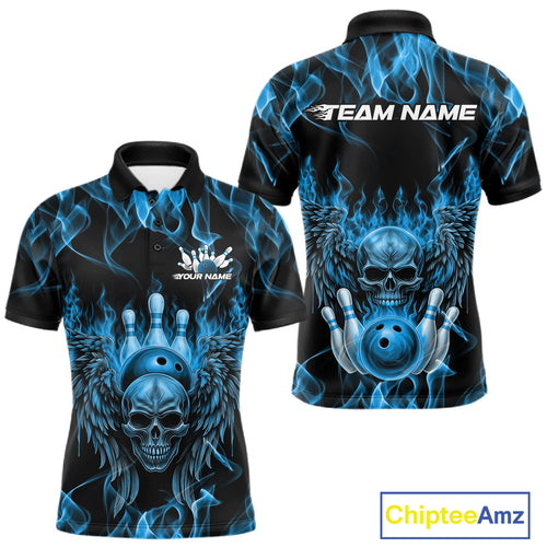 Custom Black And Blue Flame Skull With Wings Men Bowling Shirt, Halloween Team Shirt IPHW10166