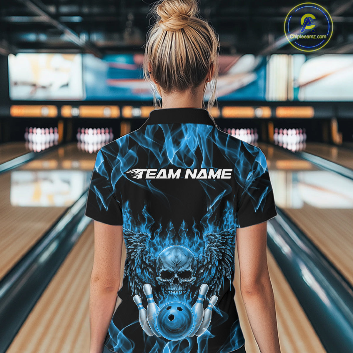 Custom Black And Blue Flame Skull With Wings Women Bowling Shirt, Halloween Team Shirt IPHW10166