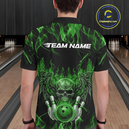 Custom Black And Green Flame Skull With Wings Men Bowling Shirt, Halloween Team Shirt IPHW10167