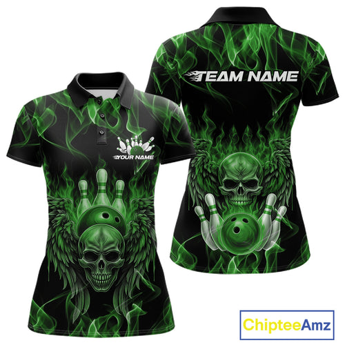 Custom Black And Green Flame Skull With Wings Women Bowling Shirt, Halloween Team Shirt IPHW10167