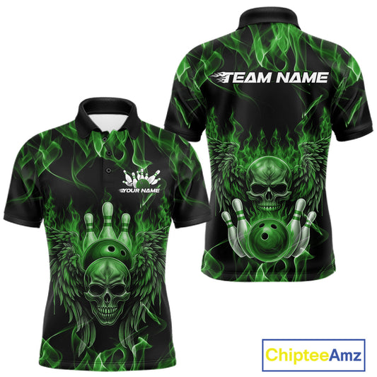 Custom Black And Green Flame Skull With Wings Men Bowling Shirt, Halloween Team Shirt IPHW10167
