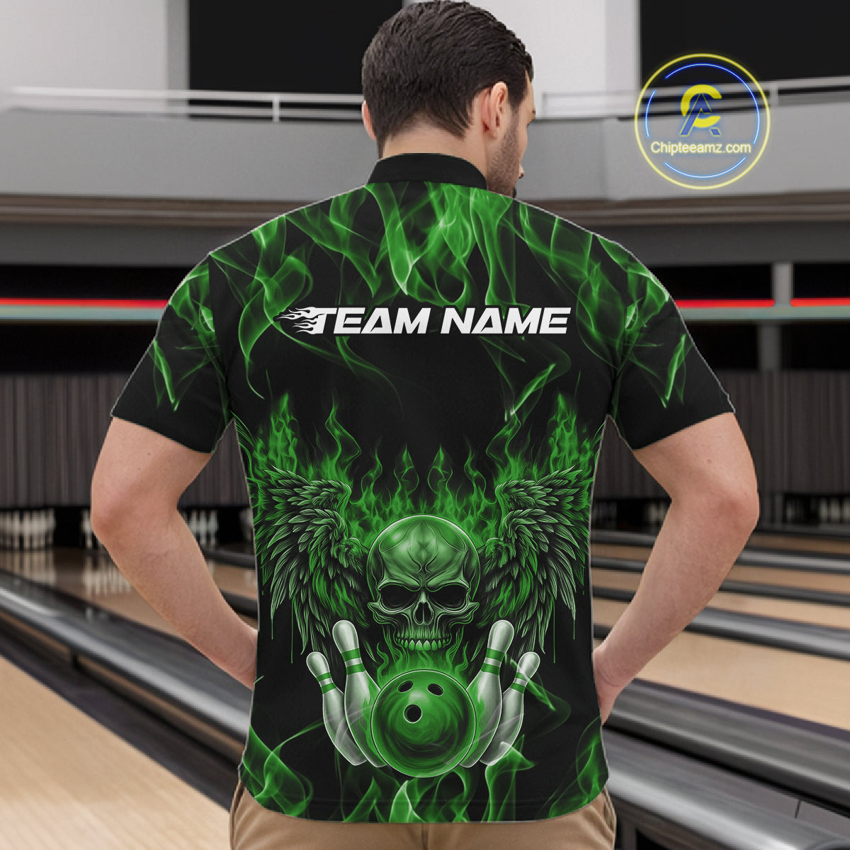 Custom Black And Green Flame Skull With Wings Men Bowling Shirt, Halloween Team Shirt IPHW10167