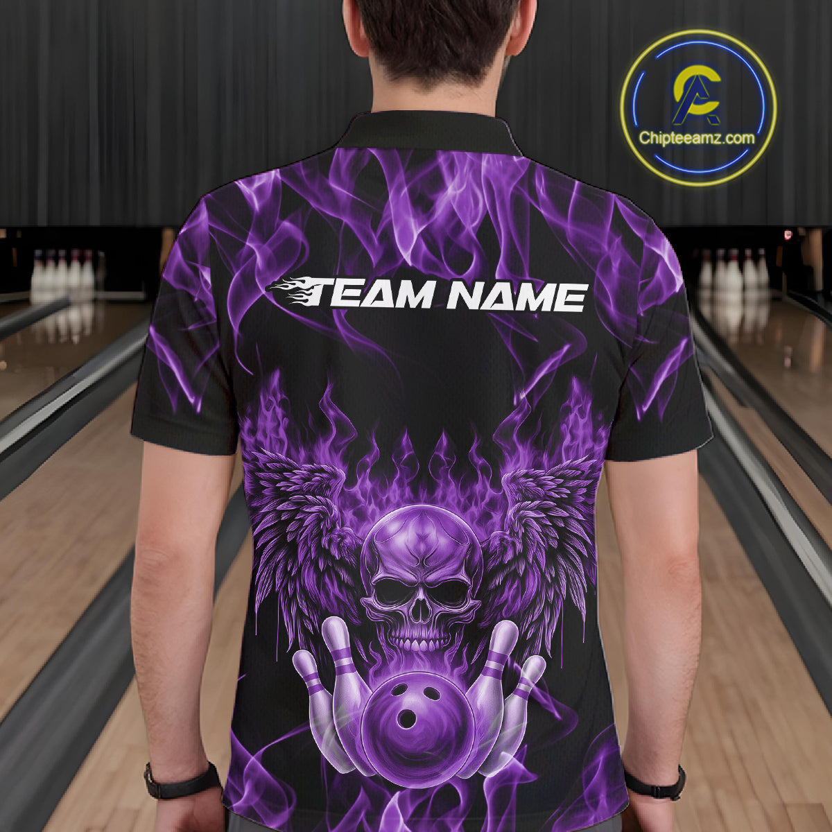 Custom Black And Purple Flame Skull With Wings Men Bowling Shirt, Halloween Team Shirt IPHW10168