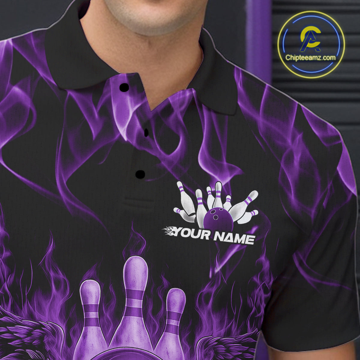 Custom Black And Purple Flame Skull With Wings Men Bowling Shirt, Halloween Team Shirt IPHW10168