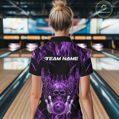 Custom Black And Purple Flame Skull With Wings Women Bowling Shirt, Halloween Team Shirt IPHW10168